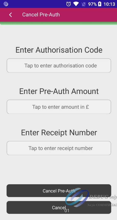 Image of the terminal app cancel preauthorisation page.