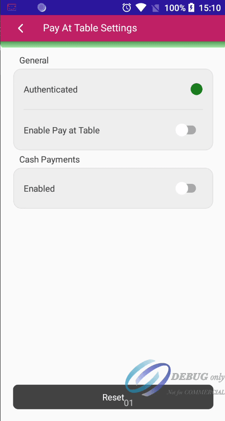 Image of the terminal app PATSettingsPage.