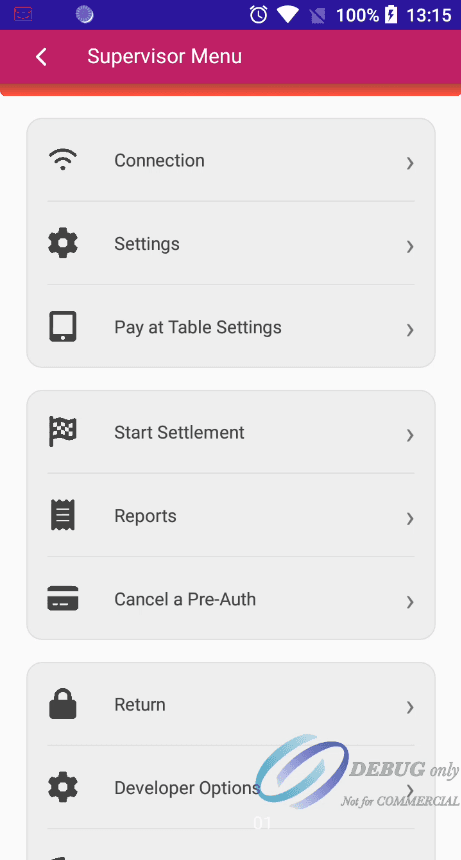 Image of the terminal app Supervisor Menu Page.